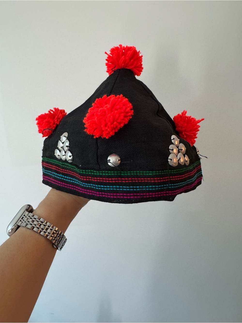 Vintage Handmade Akha Hill Tribe Folk Art Hat Pom Poms Silver Discs Festival